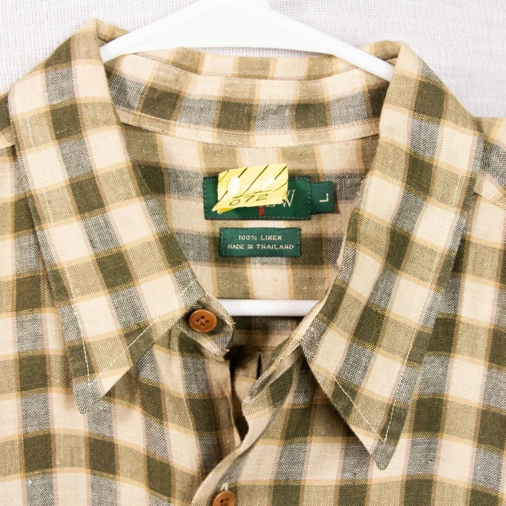 J Crew 100% Linen Mens L Brown Plaid Check LS Button Front‎ Shirt